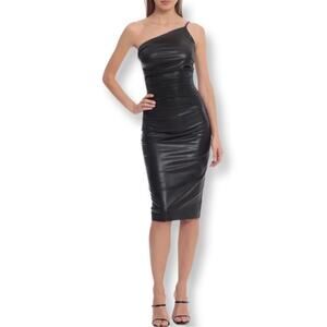 New Avec Les Filles Black One Shoulder Faux Leather Body-Con Dress